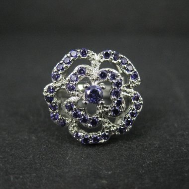 Purple Cubic Zirconia Flower Ring Size 6 Sterling Silver