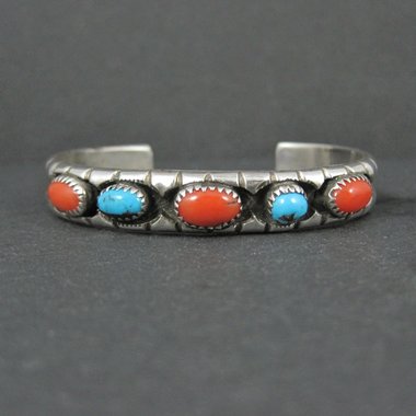 Vintage Navajo Turquoise and Coral Cuff Bracelet Sterling Silver 6.25" Eunice Claw