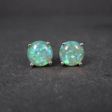 Estate Sterling Silver 8mm Green Opal Stud Earrings