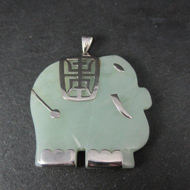 Huge Sterling Silver Jade Elephant Pendant