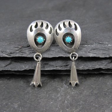 Sterling Turquoise Bear Paw Earrings Vintage Southwestern