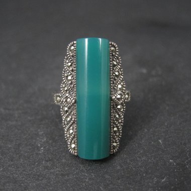 Vintage Sterling Silver Chrysoprase and Marcasite Ring Size 6