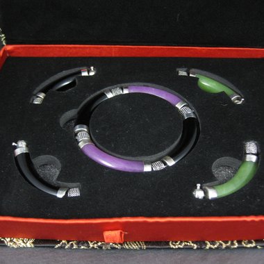 Vintage Interchangeable Jade Bangle Bracelets Set Sterling Silver