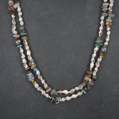 Southwestern Bohemian Shell and Gemstone Heishi Bead Necklace 32"