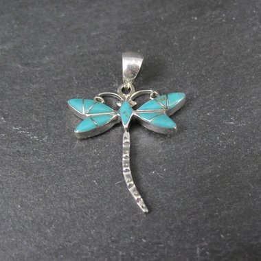 Southwestern Inlaid Turquoise Dragonfly Pendant Sterling Silver Estate Jewelry NOS