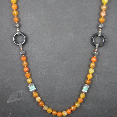 Estate Orange Quartz Marcasite Turquoise Bead Necklace 38"