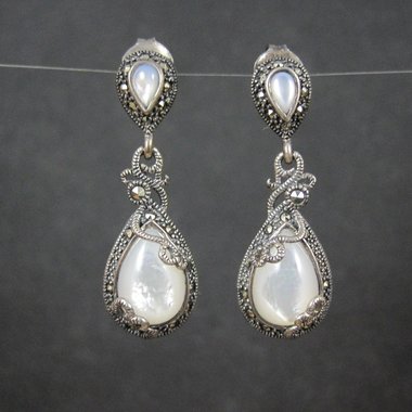 Vintage Sterling Silver Mother of Pearl Marcasite Earrings