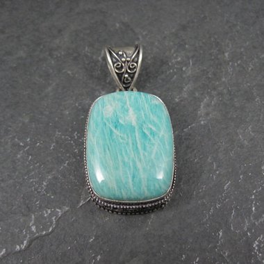 Ornate Amazonite Pendant Sterling Silver Balinese Estate Necklace