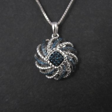 Estate Blue Diamond Pendant Necklace Sterling Silver .25 Ctw