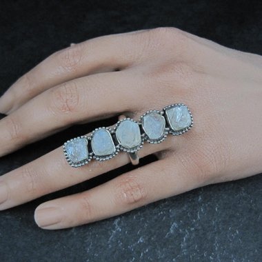 Long Rough Moonstone Ring 925 Sterling Silver Adjustable Size 8