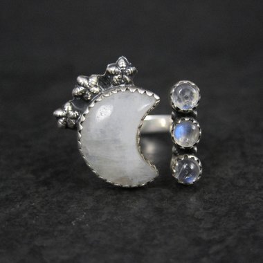 Rainbow Moonstone Crescent Moon Stars Ring Sterling Silver Adjustable