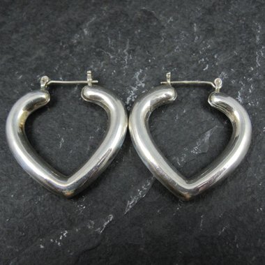 Large Vintage Sterling Silver Heart Latch Hoop Earrings