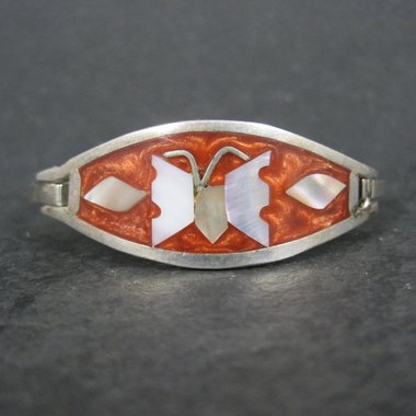 Small Alpaca Silver Mother of Pearl Butterfly Bangle Bracelet 5"