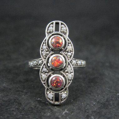 Estate Art Deco Sterling Opal Seed Pearl Ring Size 8