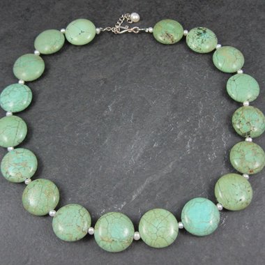 Cloud Mountain Green Turquoise and Pearl Necklace 17"