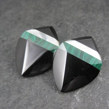 Vintage Onyx Malachite & Mother of Pearl Clip On Earrings