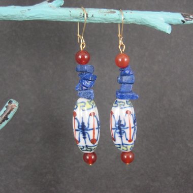 Vintage Oriental Porcelain & Gemstone Earrings