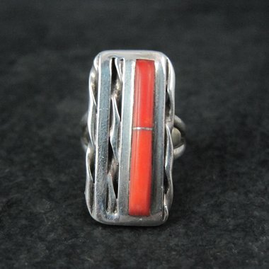 Vintage Zuni Coral Inlay Ring Size 5