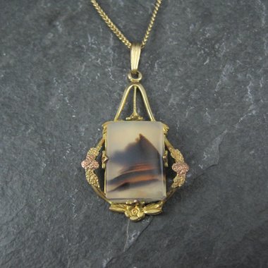 Art Deco 12K Gold Filled Montana Agate Pendant Necklace