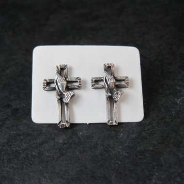 Vintage Praying Hands Cross Earrings Diamond Cut Sterling Silver