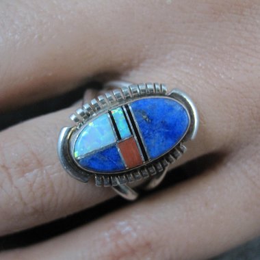 Vintage Sterling Inlay Ring Size 7 Southwestern Silver