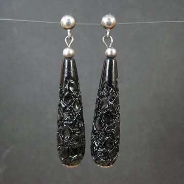 Vintage Carved Black Cinnabar Earrings