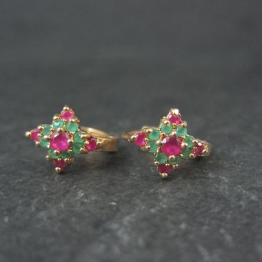 Small Vintage 9K Ruby and Emerald Hoop Earrings 5/8"