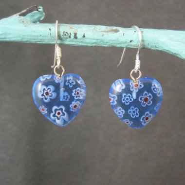 Vintage Sterling Blue Millefiori Heart Earrings