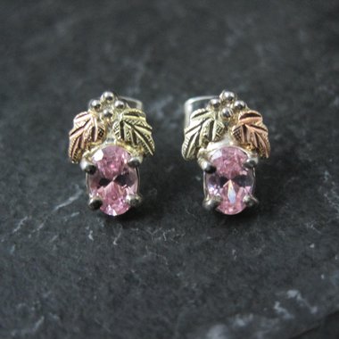 Vintage Black Hills Gold & Silver Pink Cz Stud Earrings Sterling 12K