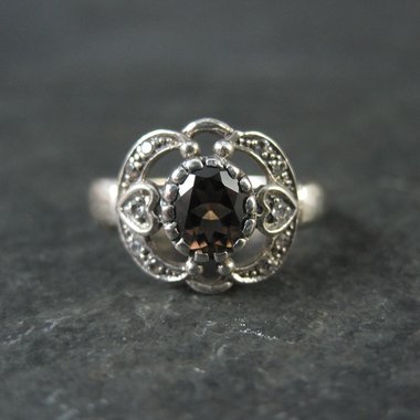 Vintage Smoky Topaz Heart Ring in Sterling Silver Size 8