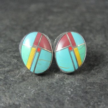 Vintage Sterling Inlay Earrings Southwestern Silver