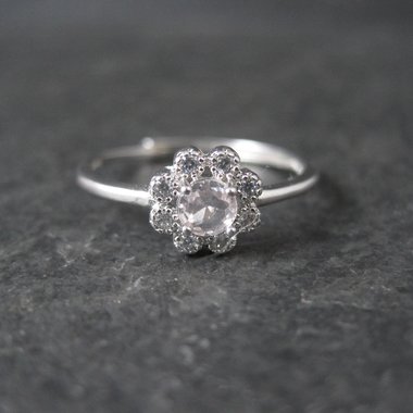 Dainty Rose Quartz Flower Ring Adjustable Size 8 in Sterling Silver
