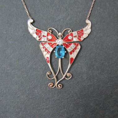 Red White and Blue Enamel Butterfly Necklace Gold Vermeil over Sterling Silver