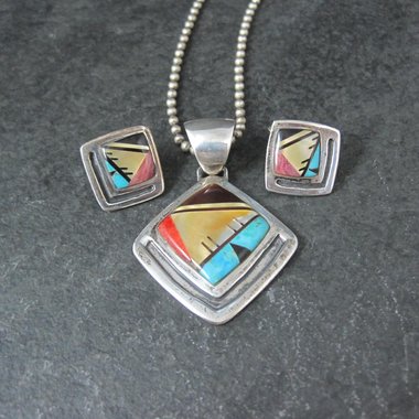 Vintage Southwestern Sterling Inlay Pendant and Earrings Jewelry Set