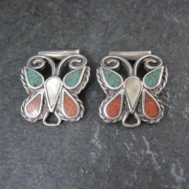 Vintage Inlaid Butterfly Watch Tips Sterling Silver Southwestern