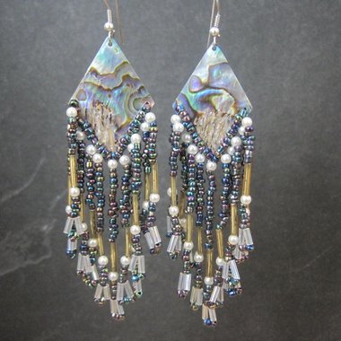 Long Vintage Abalone Beaded Earrings 1980s